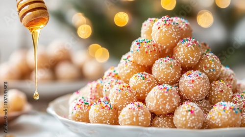 Italian struffoli honey balls piled high, drizzled with honey and decorated with colorful sprinkles