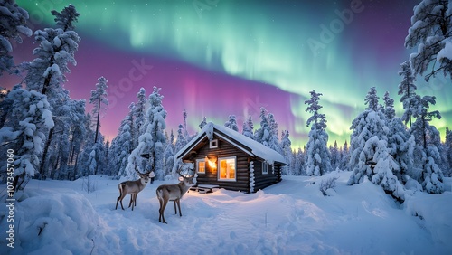 Finland a winter cabin retreat in the finnish lapland with reindeer grazing nearby a snowy forest, Ai Generated