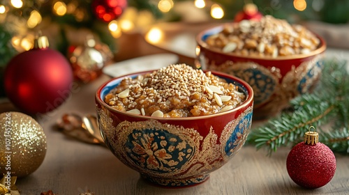 Moroccan sellou with sesame and almond topping, served in festive bowls with holiday decorations photo