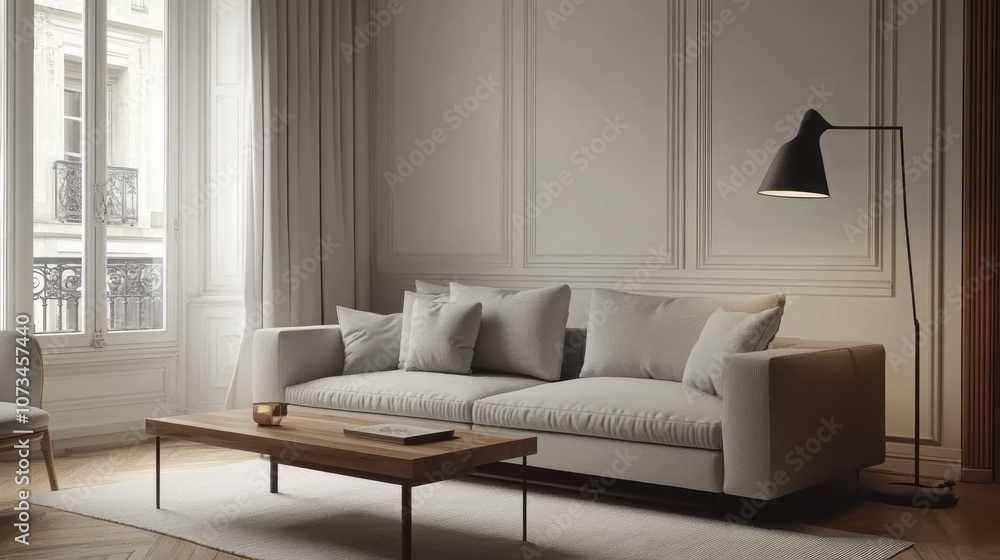 Modern Living Room Interior with White Sofa and Floor Lamp Modern Living Room Interior with White Sofa and Floor Lamp