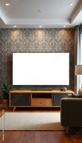Blank white tv screen with mockup space in room with retro wallpaper in apartment or hotel isolated with white highlights, png