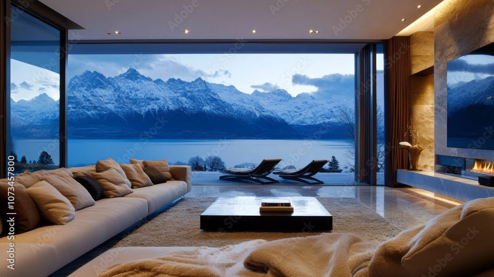 Fototapeta premium Modern Living Room with Mountain and Lake View