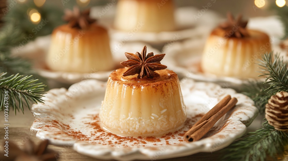 Puerto Rican tembleque coconut pudding with cinnamon garnish, served in decorative holiday dishes Puerto Rican tembleque coconut pudding with cinnamon garnish, served in decorative holiday dishes