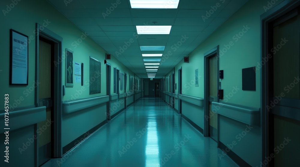 Empty corridor of the clinic. Hospital background. Medical pattern, healthcare concept. No people. Med office. Waiting room for patients. Eerie atmosphere, Bad news. Empty corridor of the clinic. Hospital background. Medical pattern, healthcare concept. No people. Med office. Waiting room for patients. Eerie atmosphere, Bad news.