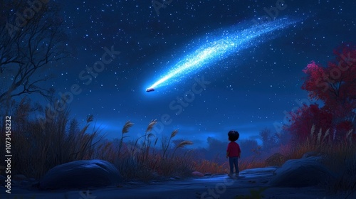 A young boy gazes up at a shooting star streaking across the night sky, surrounded by tall grasses and trees.