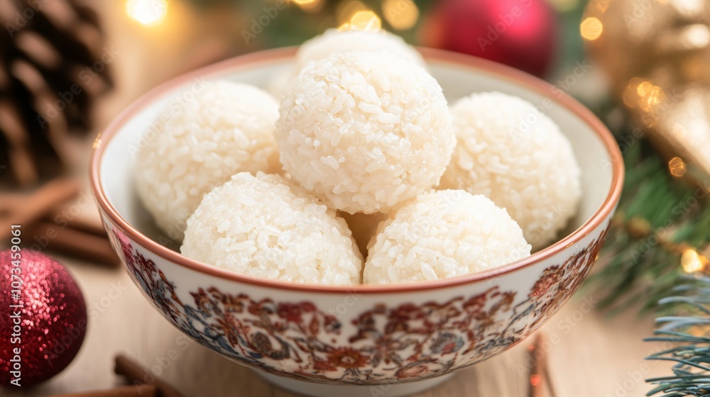 Vietnamese sticky rice balls with ginger syrup, served in a holiday bowl Vietnamese sticky rice balls with ginger syrup, served in a holiday bowl