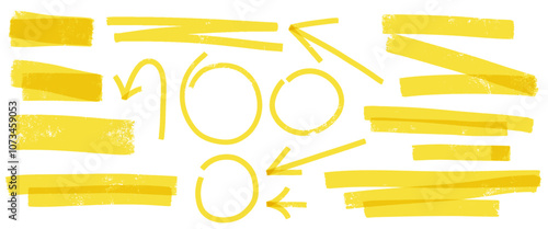 Yellow highlight marker vector set with strokes, lines and doodles. Emphasis notes, checks, and arrows in sketchy style. Hand drawn icons and shapes.