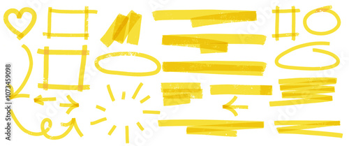 Yellow mark and brush stroke vector set with arrows, hearts, boxes and underline. Hand drawn doodles, shapes and icons.