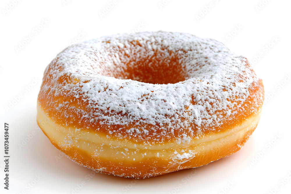 High quality powdered sugar donut with a thick layer of white sugar on white background High quality powdered sugar donut with a thick layer of white sugar on white background