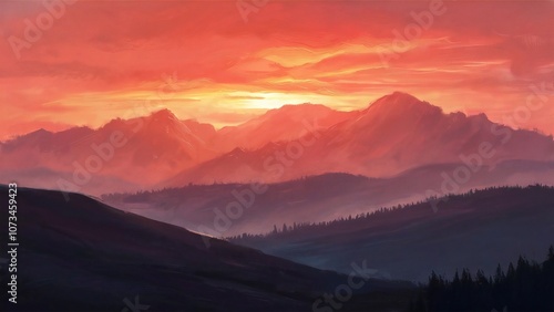 A breathtaking sunset over the mountains, with a sky painted in vibrant orange and pink hues, casting a silhouette over the hills.