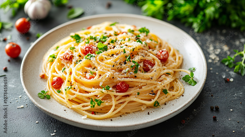 Exquisite Italian Pasta Creation with Fresh Herbs and Spices on Minimalist White Plate Top-Down View Exquisite Italian Pasta Creation with Fresh Herbs and Spices on Minimalist White Plate Top-Down View