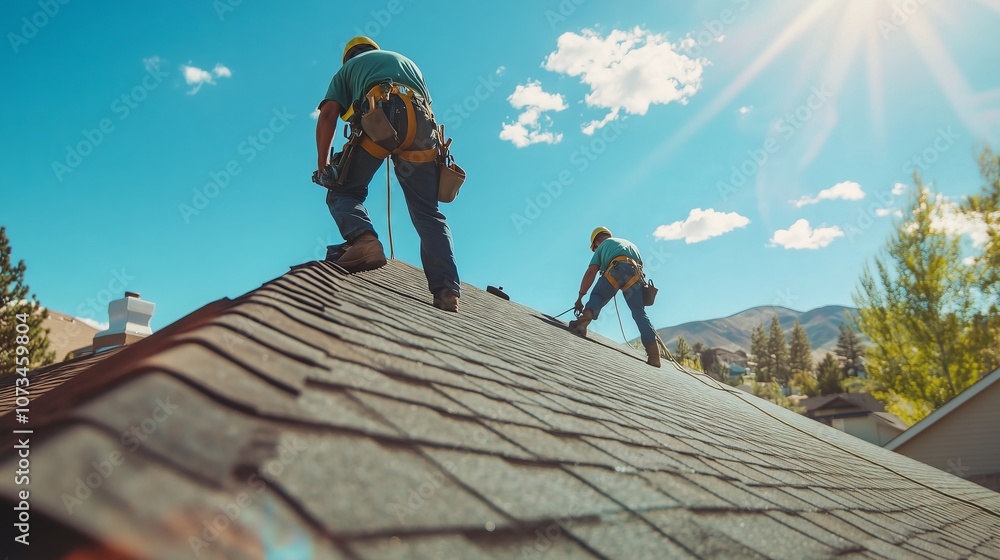 Skilled roofers expertly work on a steep roof, showcasing teamwork and craftsmanship under a clear sky.