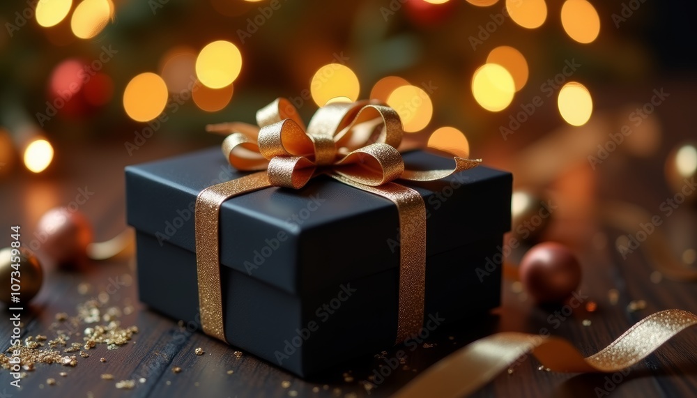 Black gift box with a gold ribbon on the wooden table with shining lights and Christmas ornaments in the background