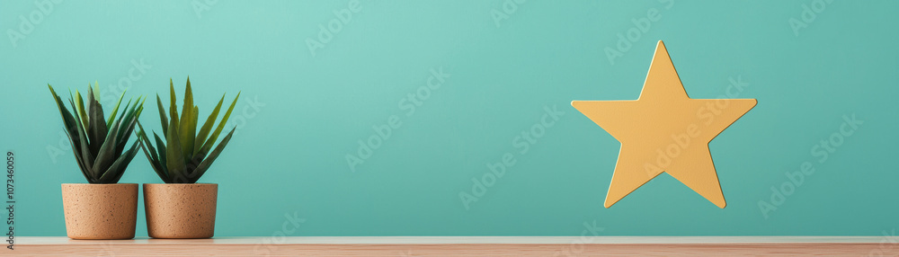 A minimalist decor featuring potted plants and a large yellow star against a teal wall, creating a bright and modern aesthetic. A minimalist decor featuring potted plants and a large yellow star against a teal wall, creating a bright and modern aesthetic.