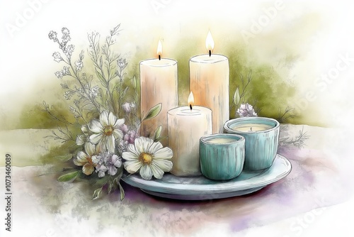 A watercolor illustration of three lit candles on a plate surrounded by white daisies and green foliage, creating a serene and natural atmosphere with a touch of rustic elegance