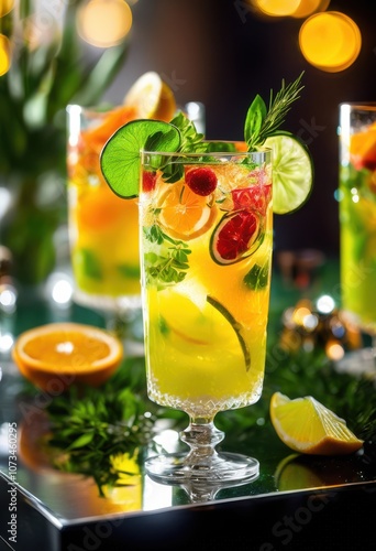 stunning vibrant cocktails displayed bright garnishes rich colors captivating arrangement, beverage, refreshment, alcohol, glass, drink, flavor, fruit photo