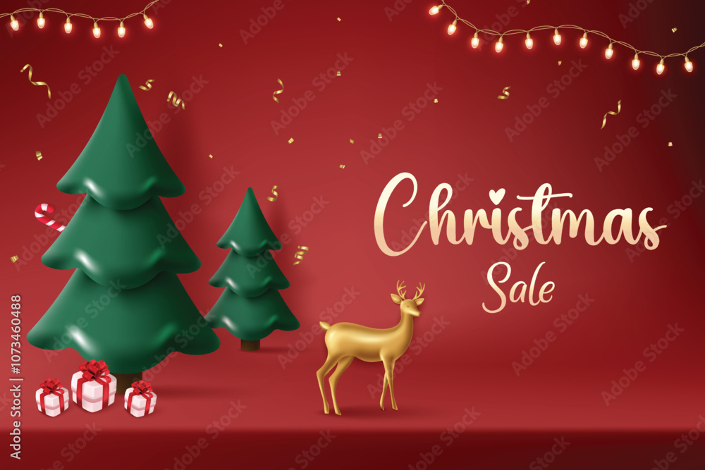 Realistic Christmas Tree And Deer With Hanging Lights On Red Color Background. Xmas Festive Sale Theme Concept For Discount Sale Offer Promotion, Greetings Card, Website, Advertisement, E-commerce. Realistic Christmas Tree And Deer With Hanging Lights On Red Color Background. Xmas Festive Sale Theme Concept For Discount Sale Offer Promotion, Greetings Card, Website, Advertisement, E-commerce.