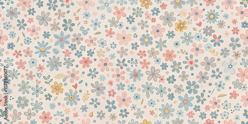 A delicate pattern of hand-drawn flowers in soft hues of blue, pink, yellow, and gray, creating a whimsical and romantic backdrop for any design project.