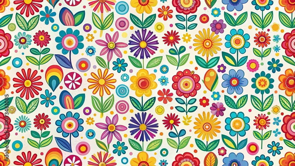 A vibrant and cheerful pattern featuring a tapestry of colorful stylized flowers, leaves, and whimsical circles, evoking a sense of joyous celebration and playful energy. A vibrant and cheerful pattern featuring a tapestry of colorful stylized flowers, leaves, and whimsical circles, evoking a sense of joyous celebration and playful energy.