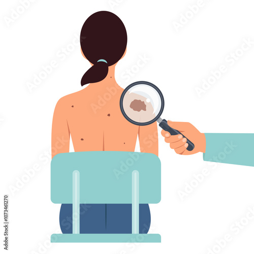 Skin Cancer Melanoma Dermatology Problem Concept.Checking moles, birthmarks under magnifier. Vector illustration