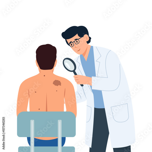 Doctor with magnifying glass in  hand examine man skin and find melanoma in form of mole. Skin Cancer concept.Oncology or dermatological problems. Vector Illustration