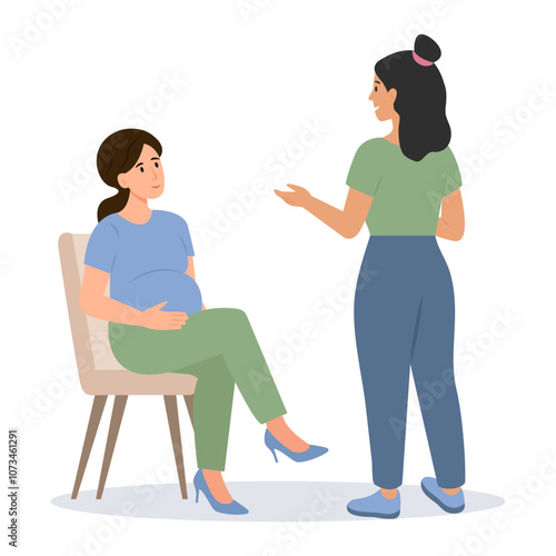 Psychological Support for Pregnant Woman. Coach or doula speaking of Maternity Issues with  Pregnant woman. Vector Illustration