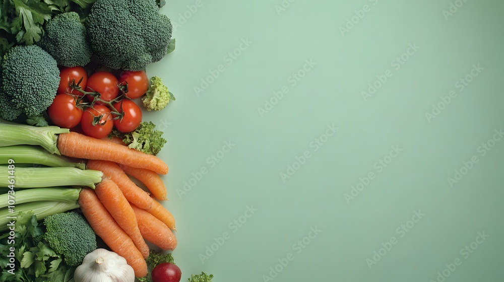 Fresh vegetable arrangement on light green background featuring carrots, broccoli, garlic, tomatoes, and leeks in minimal food styling with professional studio lighting. Fresh vegetable arrangement on light green background featuring carrots, broccoli, garlic, tomatoes, and leeks in minimal food styling with professional studio lighting.