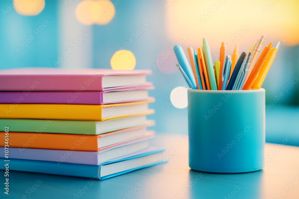Fototapeta premium Colorful stationery setup featuring stacked notebooks and a vibrant cup filled with pens, pencils, and markers on a soft background with blurred lights in a well-lit workspace