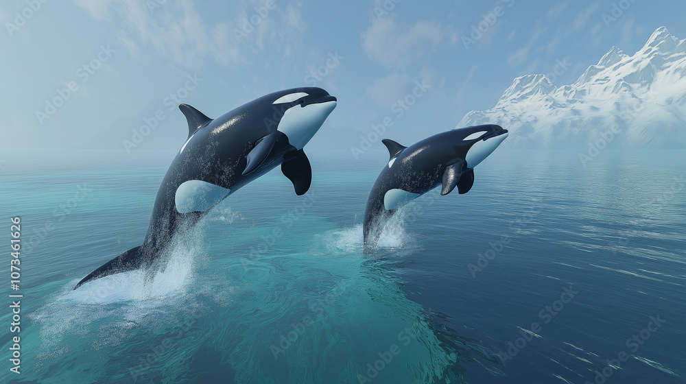 Fototapeta premium Two dolphins swmming and flying over sea.