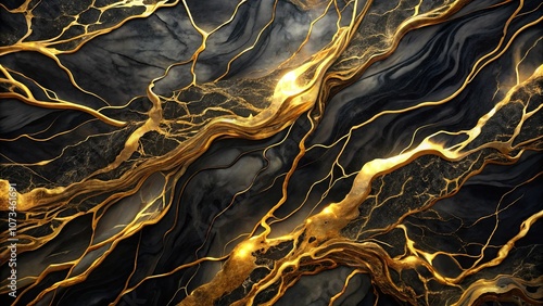 Abstract Swirling Black and Gold Marble Texture with Glittering Veins