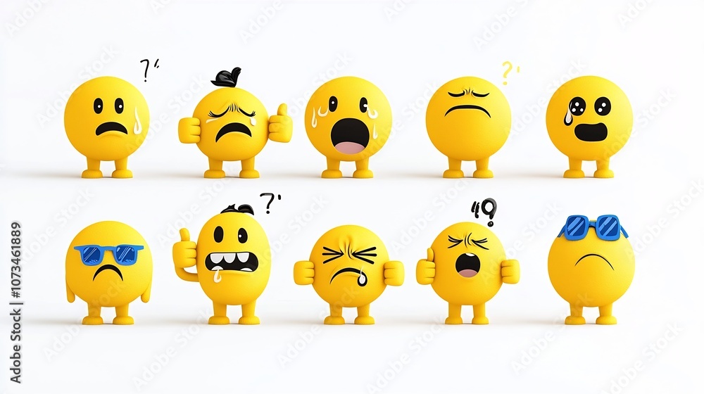 Collection of yellow emojis showcasing a variety of expressive emotions and gestures such as crying happy thinking and thumbs up presented in a flat style and perfectly isolated on a white background Collection of yellow emojis showcasing a variety of expressive emotions and gestures such as crying happy thinking and thumbs up presented in a flat style and perfectly isolated on a white background