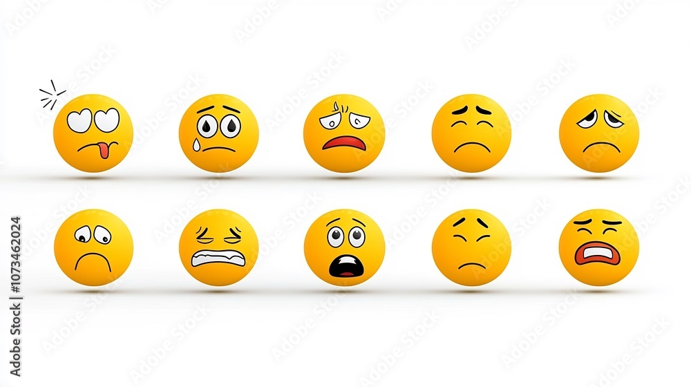 Fototapeta premium Collection of yellow emoji icons displaying a range of emotional expressions including love sadness anger and happiness in a flat style isolated on a white background