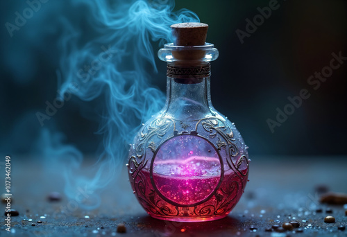 glass bottle with magic potion surrounded by smoke