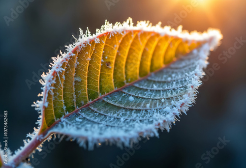 close up leaf with frost, winter ice haze