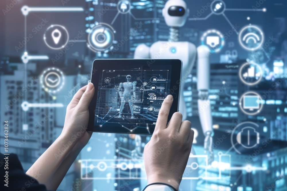 A manufacturing engineer at the factory holds a device with artificial intelligence technology in his hands. Includes cameras and security features. The concept of automation, robotics, machine learni A manufacturing engineer at the factory holds a device with artificial intelligence technology in his hands. Includes cameras and security features. The concept of automation, robotics, machine learni