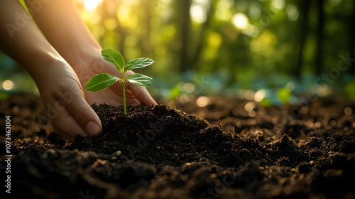 Hands cradling plant seedling with soil against blurred forest backdrop, featuring golden sunlight and bokeh effects, symbolizing environmental conservation and growth. photo