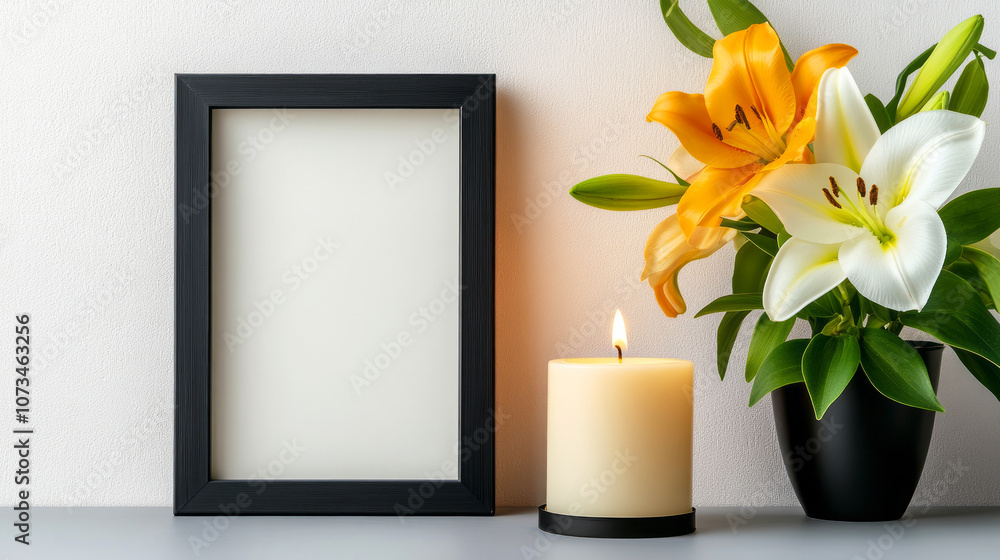 Elegant Arrangement with Blank Frame, Fresh Lilies, Yellow and White Flowers, and a Softly Glowing Candle on a Minimalist Background for Cozy Home Decor or Wellness Themes