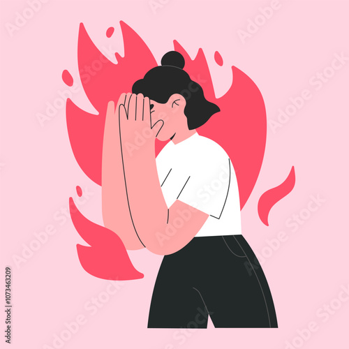 Angry, aggressive young woman is feeling rage and negative emotions, furious female character, nervous breakdown and burnout concept, flat vector graphic illustration, fire and flame on the background