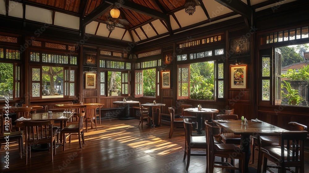 Sunbeams illuminate a rustic wooden restaurant interior with large windows and wooden tables and chairs. Sunbeams illuminate a rustic wooden restaurant interior with large windows and wooden tables and chairs.