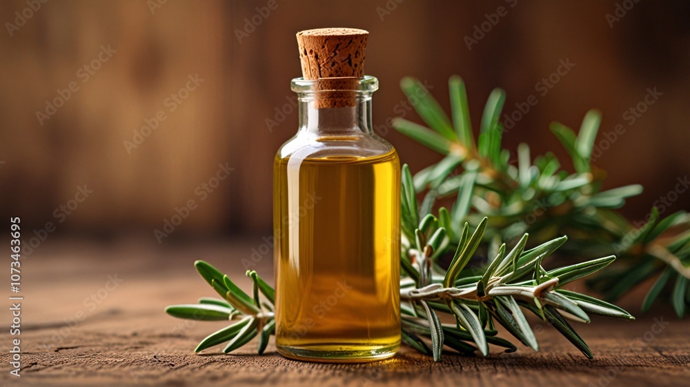 Rosemary olive oil in glass bottle on rustic table, warm kitchen scene V9 Rosemary olive oil in glass bottle on rustic table, warm kitchen scene V9