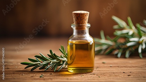 Rosemary olive oil in glass bottle on rustic table, warm kitchen scene V7