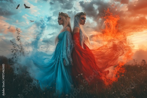 Two mystical sisters represent fire and ice. The vivid colors showcase their contrasting powers. This artwork captures beauty and imagination. Generative AI