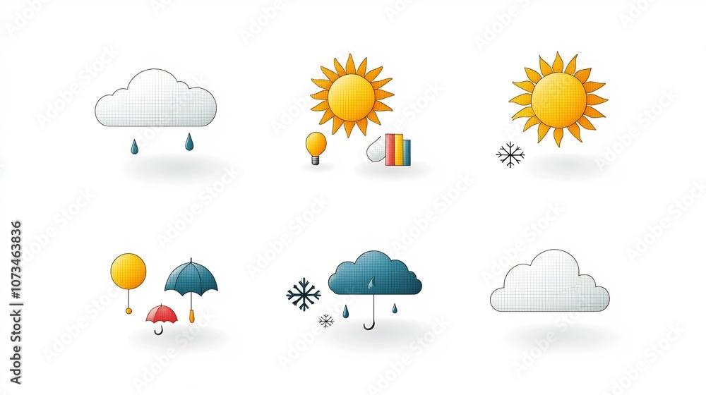 Flat icons featuring weather elements like cloud rain sun and snowflake with an editable outline style perfect for use in weather related applications forecasts and informative designs Flat icons featuring weather elements like cloud rain sun and snowflake with an editable outline style perfect for use in weather related applications forecasts and informative designs