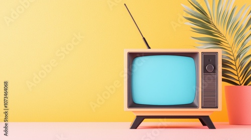 A retro-style television with a turquoise screen sits on a pastel pink surface, accompanied by a potted palm against a bright yellow backdrop. photo