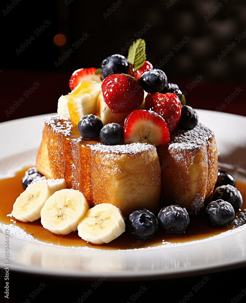 French toast with blueberries, strawberries, and banana slices on top, drizzled in honey or syrup. French toast with blueberries, strawberries, and banana slices on top, drizzled in honey or syrup.