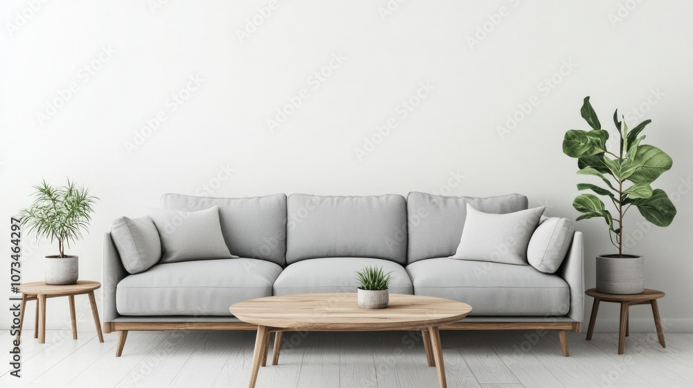 Grey Sofa and Wooden Coffee Table in Minimalist Living Room Grey Sofa and Wooden Coffee Table in Minimalist Living Room