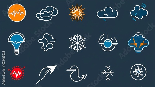 Set of editable meteorology icons including thunderstorm snowflake sunshine and temperature symbols in a flat 64x64 pixel perfect outline design  These icons can be used for weather forecast photo