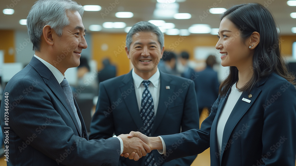 活躍する女性が男性と握手 活躍する女性が男性と握手