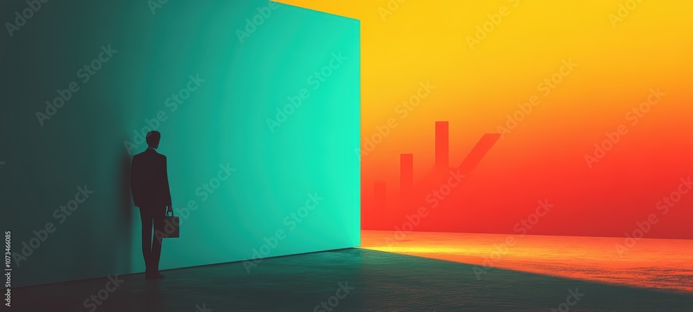A minimalistic illustration of a businessperson holding a briefcase, standing next to a rising graph, symbolizing progress and achievement A minimalistic illustration of a businessperson holding a briefcase, standing next to a rising graph, symbolizing progress and achievement
