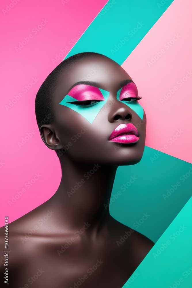 Bold geometric makeup on a woman against a vibrant pink and teal background, AI Bold geometric makeup on a woman against a vibrant pink and teal background, AI